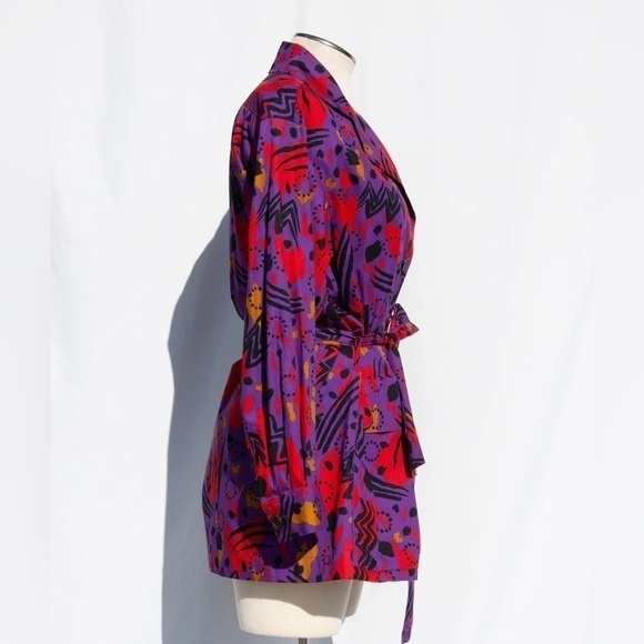 YVES Saint Laurent Vintage 1990s Purple Red Abstract Belted Shirt Jacket Dress - Picture 2 of 11